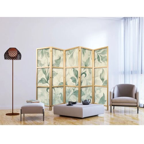  Japanski paravan - Watercolor Botanical Motif - Delicate Green-Beige Leaves 225x172 Cene