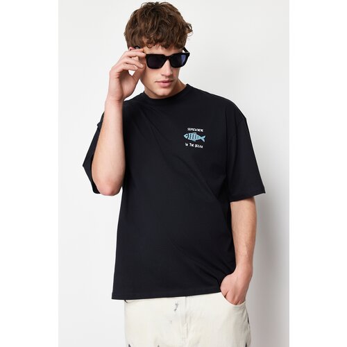 Trendyol men's black oversize/wide-fit 100% cotton velvet texture printed t-shirt Slike