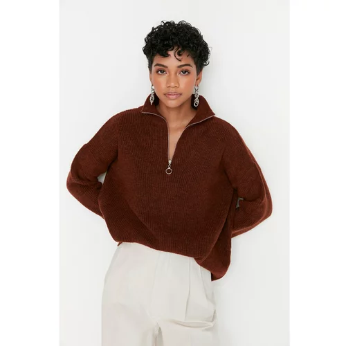 Trendyol Brown Zippered Knitwear Sweater