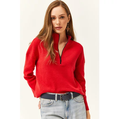 Olalook Women's Red Zipper High Neck Raised Sweater