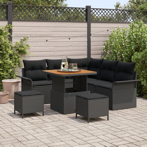 vidaXL 8-dijelni set vrtnih sofa s jastucima Crni Poli ratan Akacija, 2-sjedna vrtna sofa s jastucima Crni Poli ratan, 3-dijelni set za vrtne obroke s jastucima Crni Poli ratan Akacija Cene