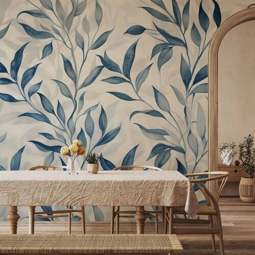  Foto tapeta - Leaves in Blue Colors Delicate Botanical Motif 450x315 Vodootporna Cene