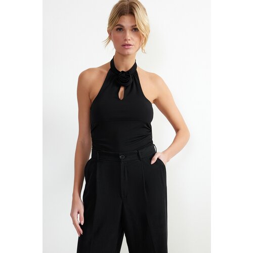 Trendyol Black Fitted Cut Out and Rose Detail Snaps Stretch Knitted Bodysuit Cene