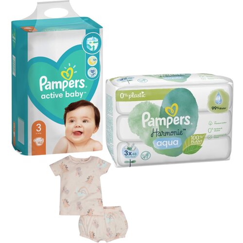 Pampers Pelene Active baby 3, MB, 6-10kg, 152/1+Vlažne maramice Harmonie, 3x48 komada+DeFacto Pidžama za devojčice, Svetloroze Cene