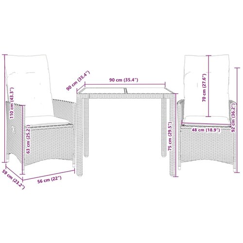  3-dijelni bistro set s jastucima bež od poliratana 90 x 90 x 75 cm Slike