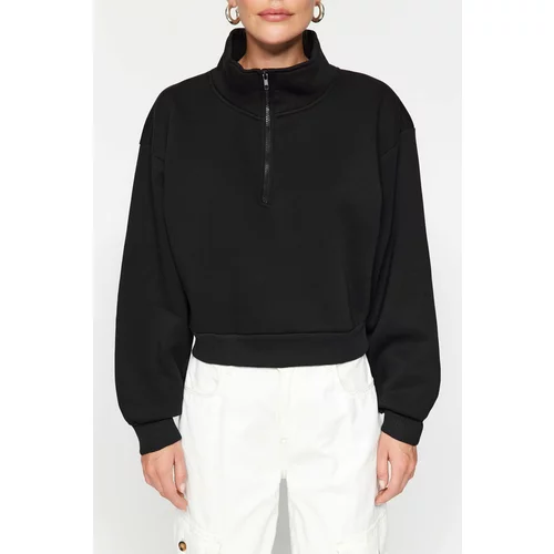 Trendyol Black Relaxed-Cut Crop Basic Zipper Stand-Up Collar Thick Fleece Inner Knitted Sweatshirt