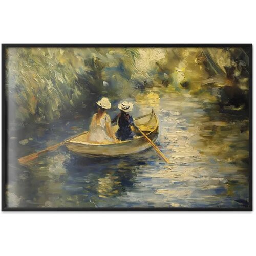  Plakat Boat crossing - painting of two women sailing a boat on a river 30x21 Crni okvir Slike