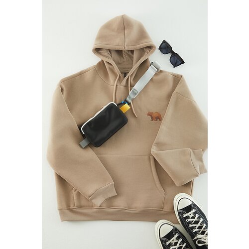 Trendyol Mink Men&amp;#039;s Oversize Hooded Animal Embroidery Fleece Inner Sweatshirt. Slike