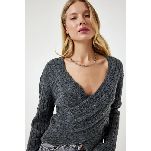  Women's Anthracite Wrap Neck Seasonal Knitwear Sweater