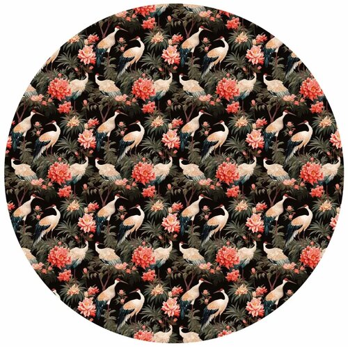  Okrugla fototapeta - Ornament with birds – silhouettes of cranes and peony flowers on a dark background 230x230 Cene
