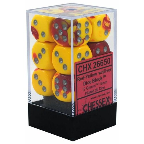 Chessex kockice - gemini - red-yellow & silver - dice block 16mm (12) Slike