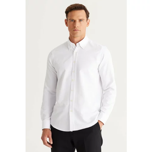 AC&Co / Altınyıldız Classics Men's White Slim Fit Slim-fit Oxford Long Button Down Collar Dobby Shirt