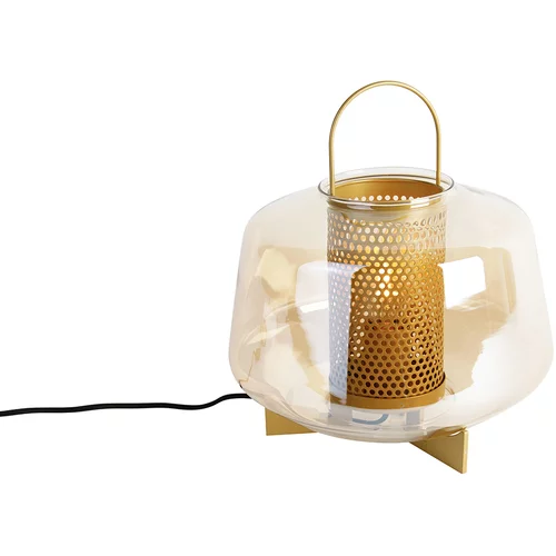 QAZQA Art Deco namizna svetilka zlata z jantarnim steklom 30 cm - Kevin
