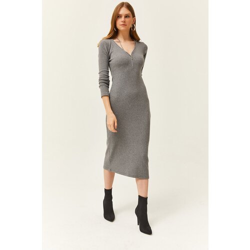 Olalook Women&amp;#039;s Smoky V Neck Zippered Thick Ribbed Midi Dress Slike