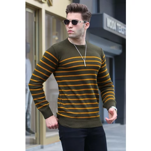 Madmext Khaki Stripe Crew Neck Knitwear Sweater 5992