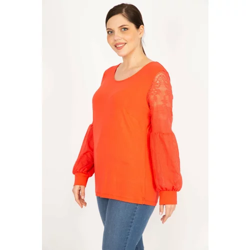Şans Women's Pomegranate Plus Size Sleeves Tulle Lace Detailed Tunic