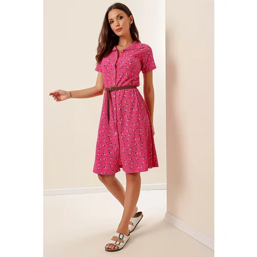 By Saygı Mini Floral Short Sleeve Seekers Dress with a Belt and Buttons in the Front Fuchsia
