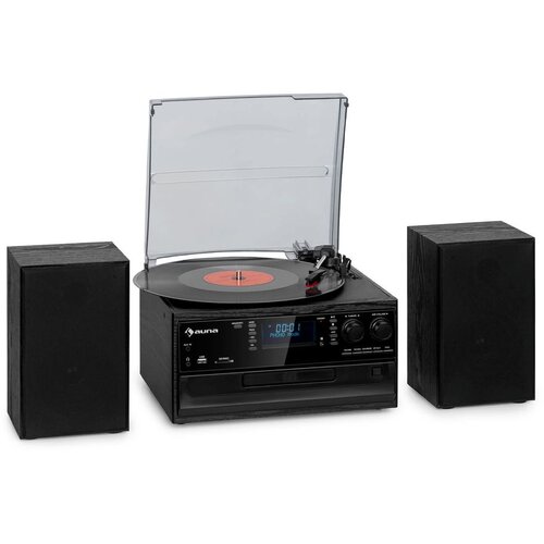 Auna Oakland DAB Plus, retro stereo sustav, DAB +/- FM, BT funkcija, vinil, CD player, kasetofon. uključuje zvučnike, Crna Cijene