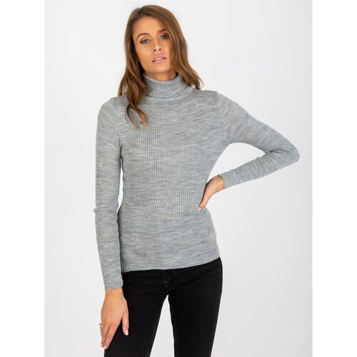 Fashion Hunters Ladies' gray melange striped turtleneck sweater Slike