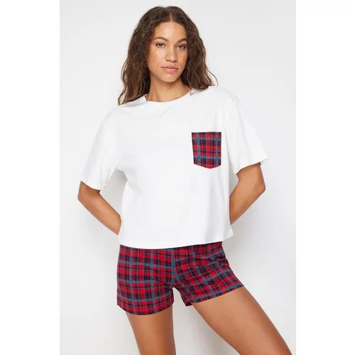 Trendyol White 100% Cotton Plaid Tshirt-Shorts Knitted Pajamas Set