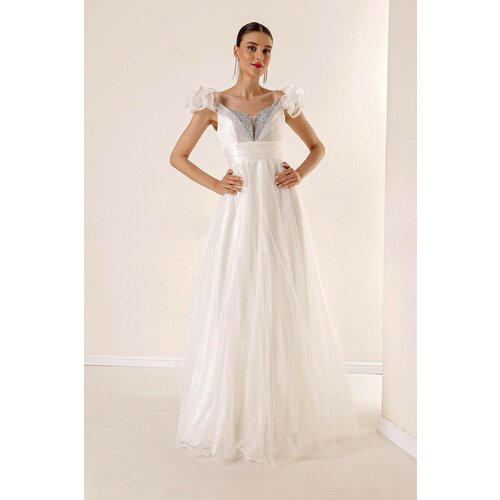 By Saygı Front Back, V-Neck Rope, Straps, Low Sleeves, Stone Detailed, Lined, Long Tulle Dress Cream. Slike