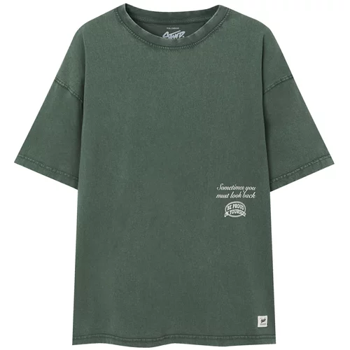 Pull&Bear Majica tamno zelena / prljavo bijela