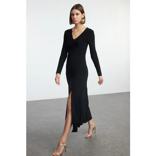 Trendyol Black Plain V-Neck Skirt Flounced Skater/Waist Opening Flexible Maxi Knitted Dress