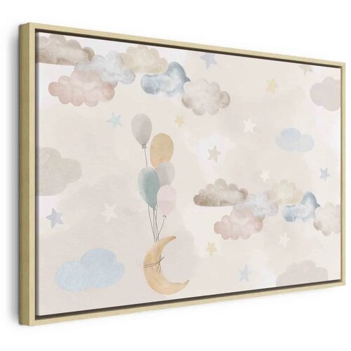  Slika - Fairy-Tale Moon - Pastel Moon with Balloons Among Colorful Clouds and Stars in Subdued Colors on a Light Background 120x Cene