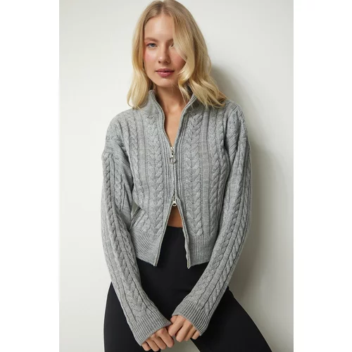 Happiness İstanbul Women's Gray Zippered Knitting Pattern Sweater Cardigan