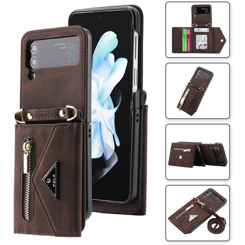 INORCO POLA za Samsung Galaxy Z Flip4 5G z več režami za kartice, žepnim stojalom na zadrgo, PU usnjen ovitek za telefon z naramnico, (22035504) Slike