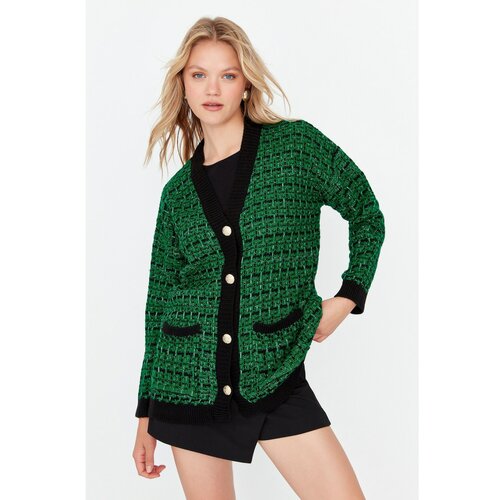 Trendyol Green Oversize Pocket Tweed Look Knitwear Cardigan Slike