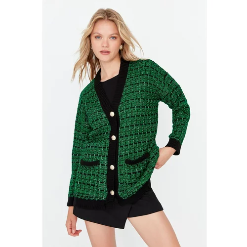 Trendyol Green Oversize Pocket Tweed Look Knitwear Cardigan