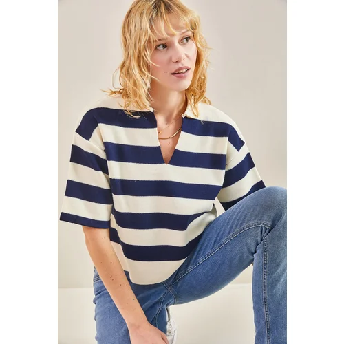 Bianco Lucci Women's Polo Neck Striped Oversize Knitwear Sweater