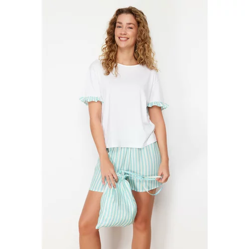 Trendyol White 100% Cotton Striped Knitted Pajamas Set