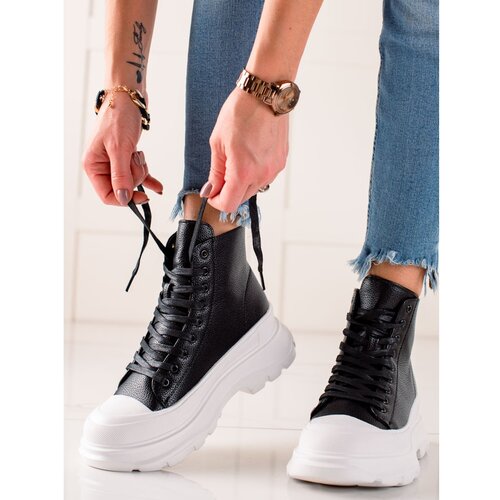 SHELOVET WOMEN'S HIGH SNEAKERS MADE OF ECO LEATHER BLACK Slike
