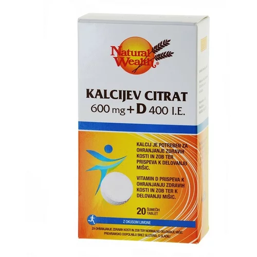 Natural Wealth Kalcijev citrat 600 mg + vitamin D 400 i.e., šumeče tablete