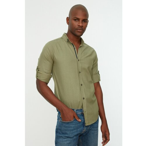 Trendyol Green Men's Buttoned Collar Epaulette Slim Fit Long Sleeve Shirt Slike