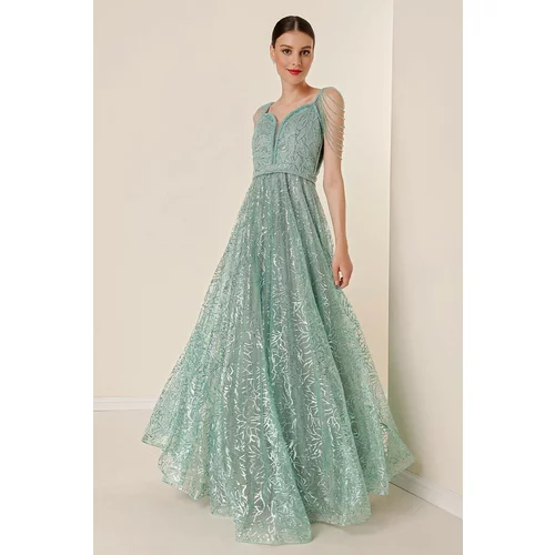 By Saygı Beaded Detailed Lined Glitter Flocked Print Long Dress Mint
