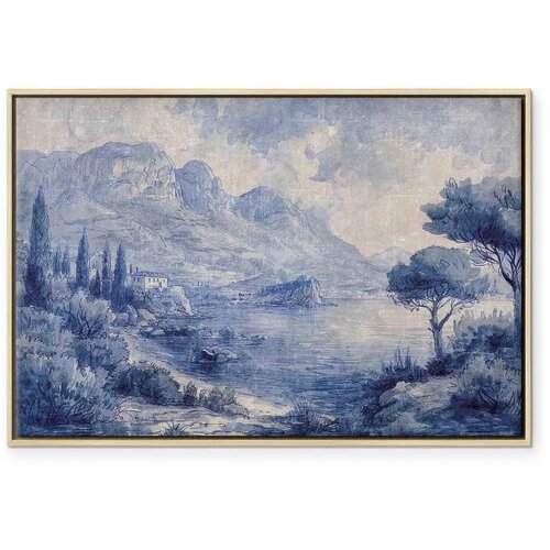  Slika - Blue Bay - Italian landscape of Lake Como painted with blue ink 90x60 U prirodnom drvenom okviru Cene