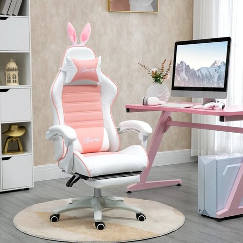  Ergonomska gamerska stolica s lumbalnom potporom osloncem za noge naslonom za glavu s u&amp;scaron;ima zeca roza Slike