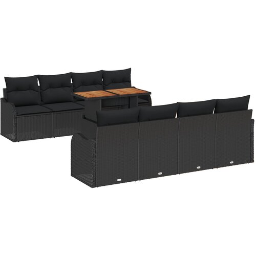 VidaXL 9-dijelni vrtni sofa set s jastučićima Crni poli ratan akacija, 2-sjedala vrtni sofa s jastučićima Crni poli ratan Slike