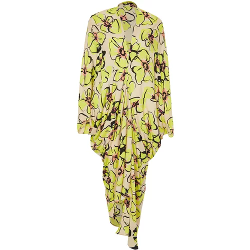Trendyol Yellow-Multicolor Tropical Oversize Maxi Woven 100% Viscose Dress