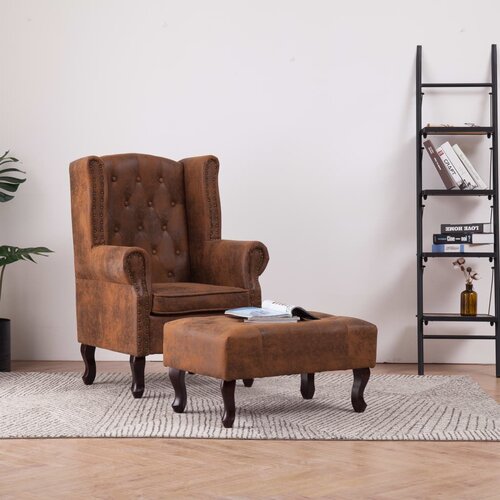 vidaXL chesterfield fotelj in stolček za noge rjavo umetno semiš usnje Cene
