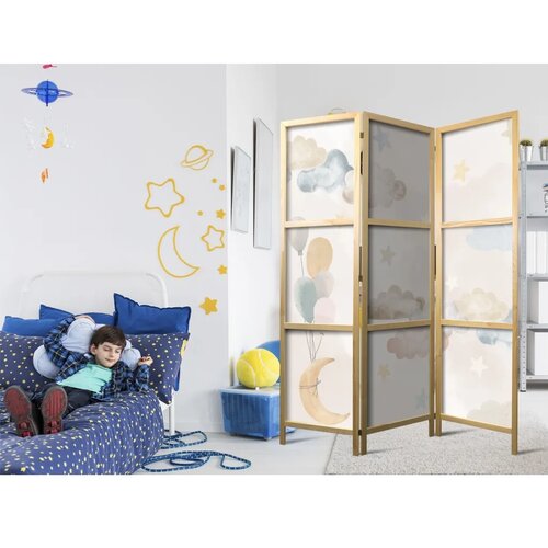  Japanski paravan - Fairy-Tale Moon - Moon with Balloons Among Clouds and Stars in Subdued Colors on a Light Beige Background. 13 Cene