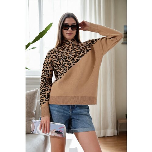 Dewberry 90315 Half Turtleneck Leopard Womens Sweater-CAMEL Slike