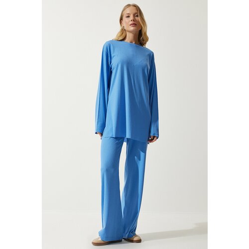 Happiness İstanbul Women's Sky Blue Ribbed Knitted Blouse Pants Suit Slike