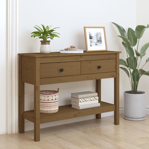 vidaXL Konzolna mizica medeno rjava 100x35x75 cm trdna borovina Cene