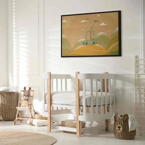  Slika - Dreamy Traveler - A Cheerful Giraffe Driving a Car on a Sunny Day 90x60 U crnom drvenom okviru Slike