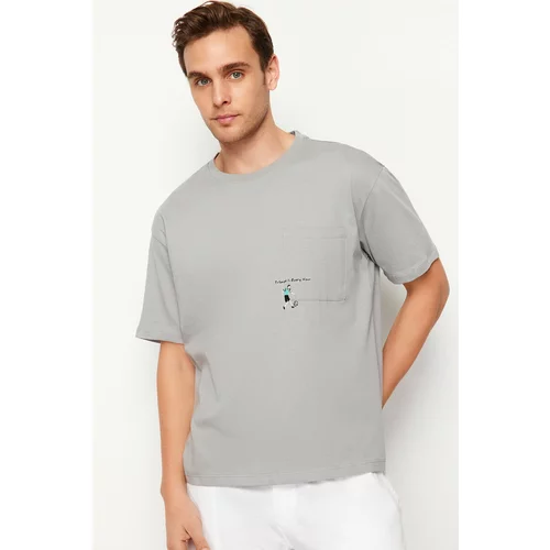 Trendyol Men's Gray Relaxed/Casual Fit Pocket Embroidered 100% Cotton T-Shirt