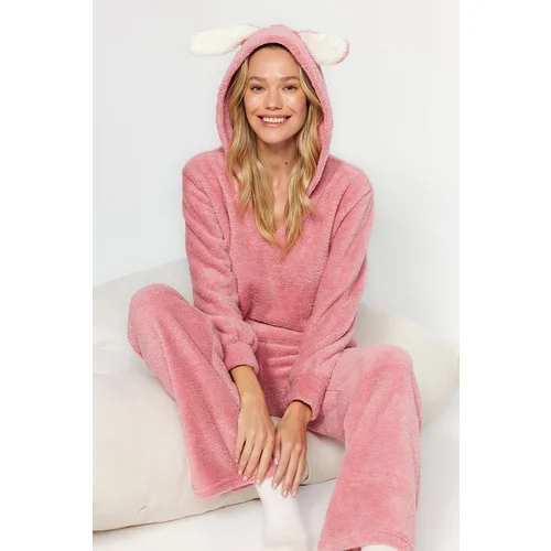 Trendyol Pink Wellsoft Hoodie with Ear Detail Shirt-Pants and Knitted Pajamas Set